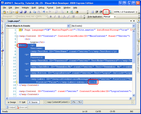 Auskommentieren des vorhandenen deklarativen Markups und des Quellcodes in Login.aspx