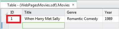 Datenbankeintragsraster in WebMatrix mit einem Datensatz und automatisch generierter ID