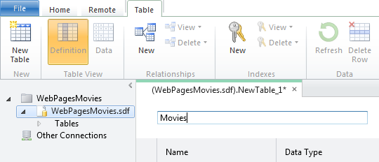 Eingeben eines Tabellennamens im WebMatrix-Datenbank-Designer