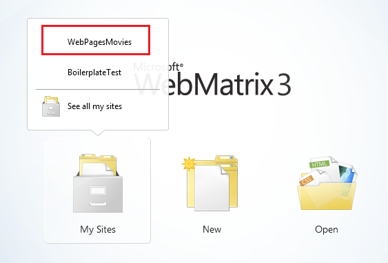 Screenshot des Startbildschirms der Webmatrix, auf dem die Optionen 