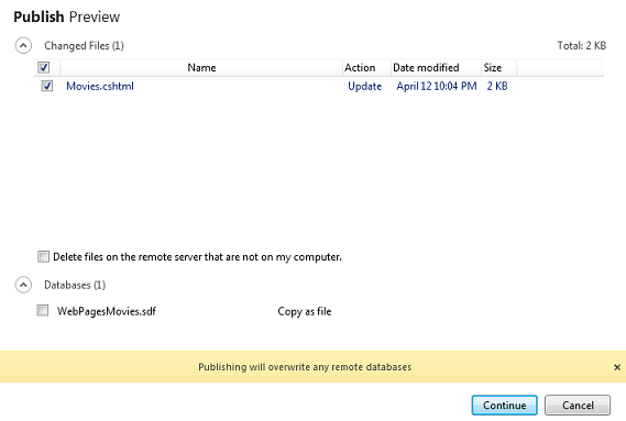 Screenshot des Dialogfelds Vorschau veröffentlichen mit den aktualisierten Dateien in der Liste der geänderten Dateien und einer Meldung über das Überschreiben von Remotedatenbanken.