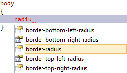 Screenshot, der den Rahmenradius zeigt, der in einer IntelliSense-Liste für C S S ausgewählt ist, wenn Radiu eingegeben wird.