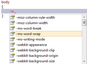 Screenshot, der den in IntelliSense ausgewählten Wortumbruch von m s zeigt.