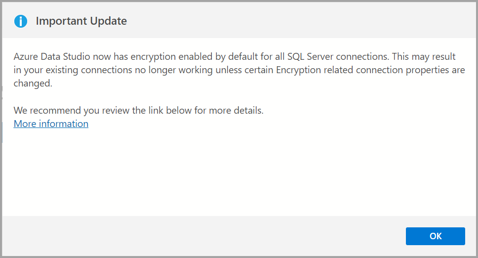 Screenshot der wichtigen Updatemeldung nach einem Upgrade von Azure Data Studio