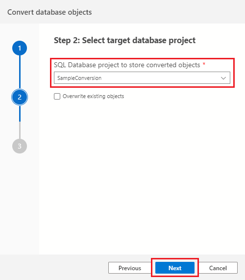 Datenbank-Zielprojekt auswählen