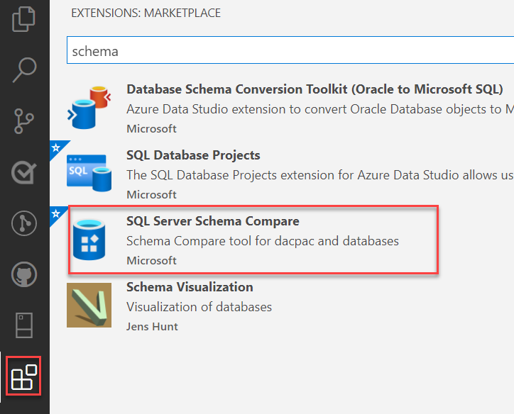 Screenshot der Azure Data Studio-Benutzeroberfläche, Marketplace-Suche.