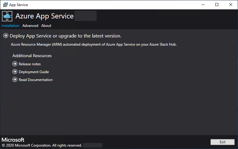 Screenshot des Azure-App Diensts im Azure Stack Hub-Installationsprogramm.