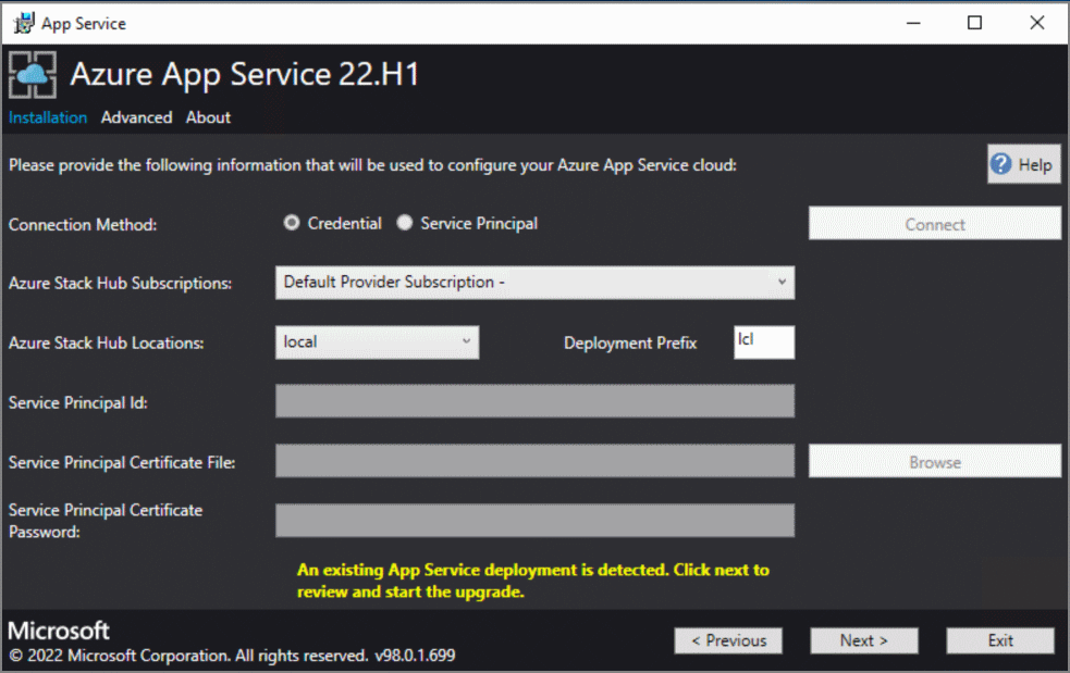 Screenshot, der Azure-App Dienst auf der Azure Stack Hub-Installation erkannt hat.