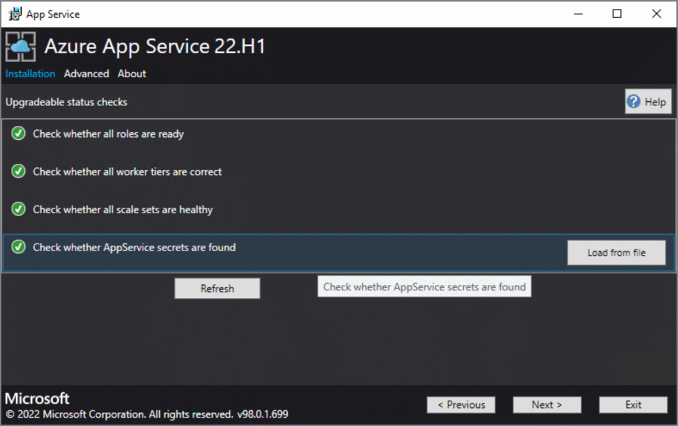 Screenshot Azure-App Dienst auf Azure Stack Hub– Statusüberprüfung vor dem Upgrade.