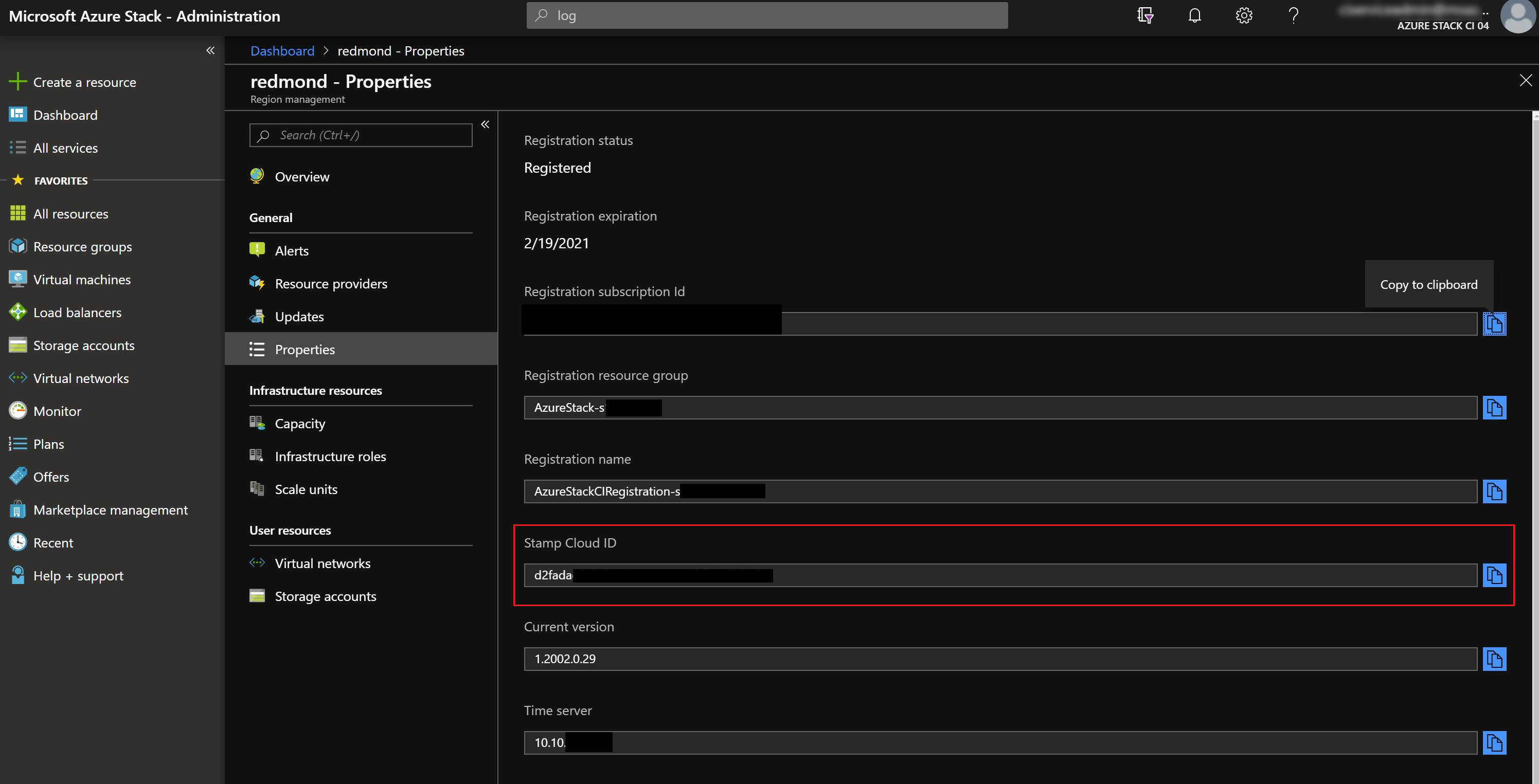 Screenshot der Regionseigenschaften mit Cloud-ID des Stempels