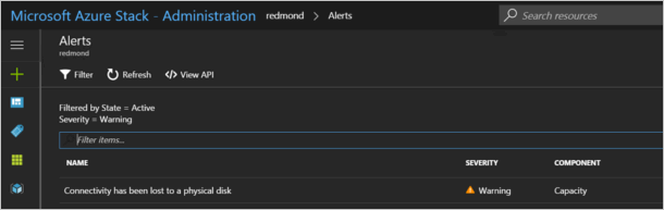 Warnung, die in der Azure Stack Hub-Verwaltung den Verlust der Konnektivität mit einem physischen Datenträger anzeigt