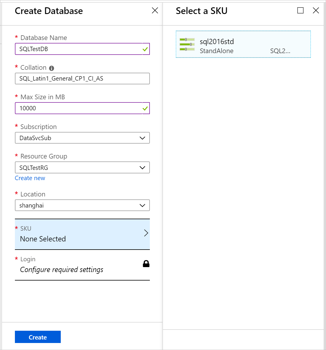 Erstellen einer Datenbank im Azure Stack Hub-Benutzerportal.