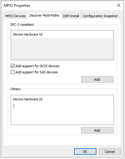 Die Seite zum Entdecken von Multipfaden des MPIO-Dialogfelds zeigt, dass die Option zum Hinzufügen der Unterstützung für iSCSI-Geräte aktiviert ist. Es gibt eine Schaltfläche zum Hinzufügen.