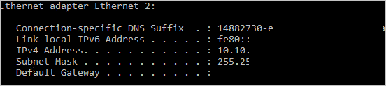 Die partielle ipconfig-Auflistung zeigt, dass der Ethernetadapter „Ethernet 2“ die IPv4-Adresse 10.10.11.4 aufweist.