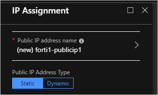 Das Textfeld „Name der öffentlichen IP-Adresse“ des Dialogfelds „IP-Adresszuweisung“ zeigt den Wert „forti1-publicip1“ (aus der Bereitstellungstabelle) an.