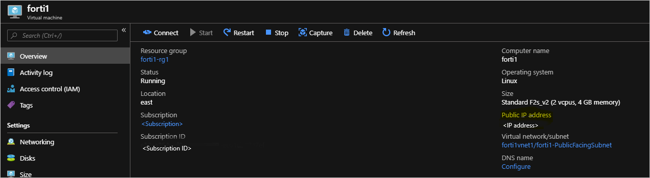 Die Übersichtsseite der virtuellen Computer „forti1“ zeigt Werte für „forti1“ an, z. B. „Ressourcengruppe“ und „Status“.