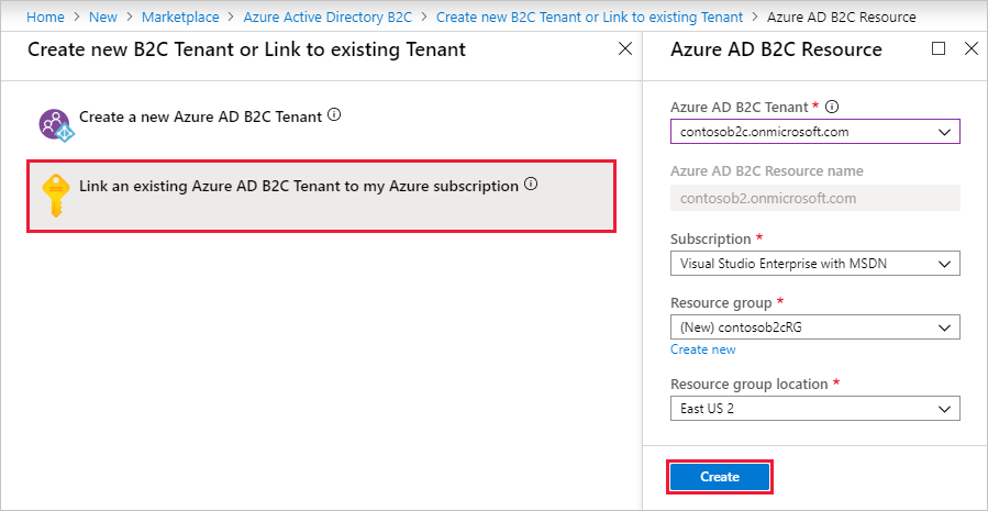 Die Seite zum Erstellen der Azure AD-B2C-Ressource im Azure-Portal