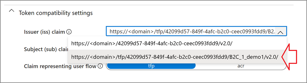 Screenshot: Antragstelleranspruchs-URL im Dialogfeld für Tokenkompatibilitätseinstellungen.