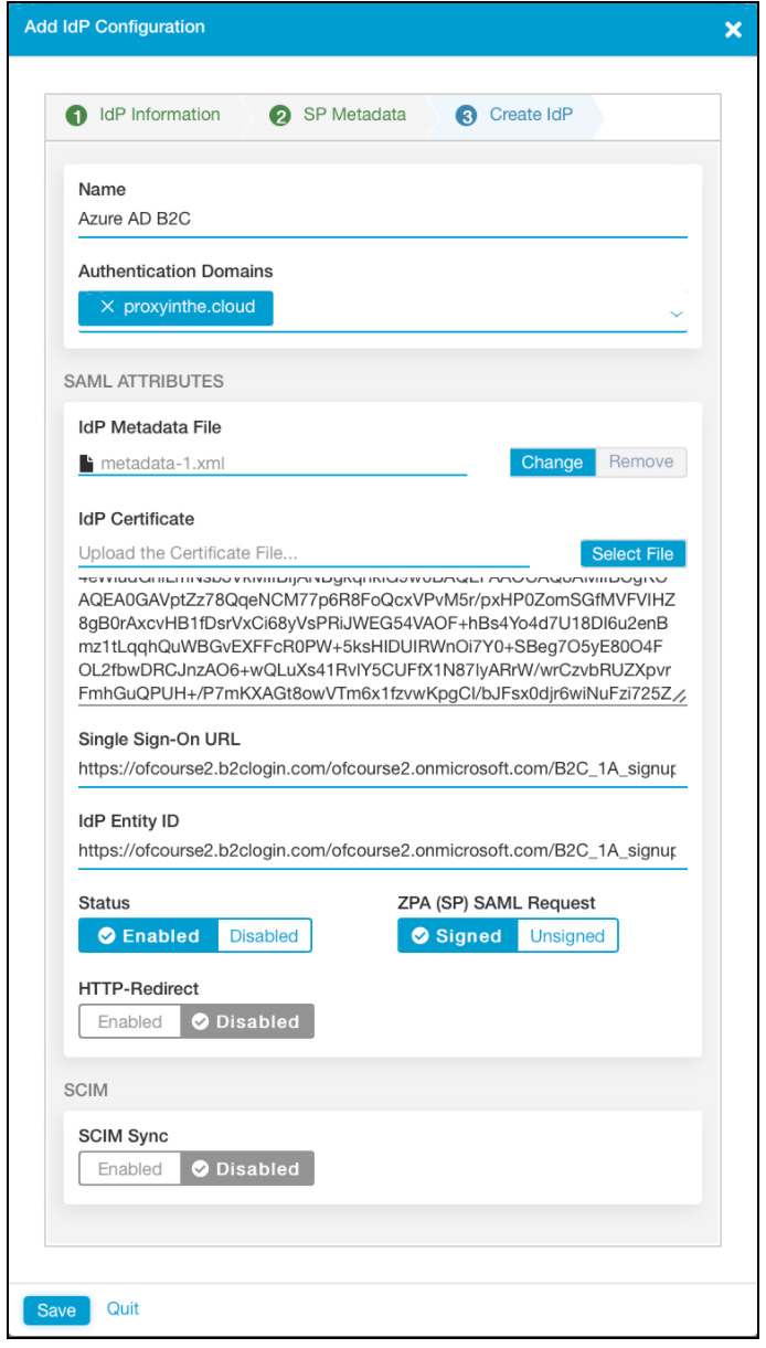 Screenshot des Status „Enabled“ (Aktiviert) unter den SAML-Attributen im Bereich „Add IdP Configuration“ (IdP-Konfiguration hinzufügen)