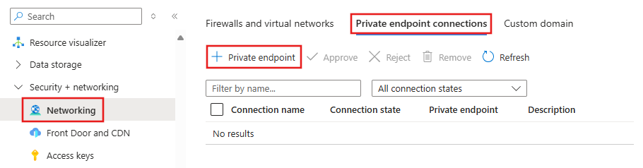 Screenshot of the private endpoint section for the storage account.