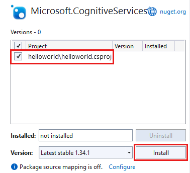 Screenshot des ausgewählten Microsoft.CognitiveServices.Speech-Pakets mit hervorgehobenem Projekt und Schaltfläche „Installieren“.