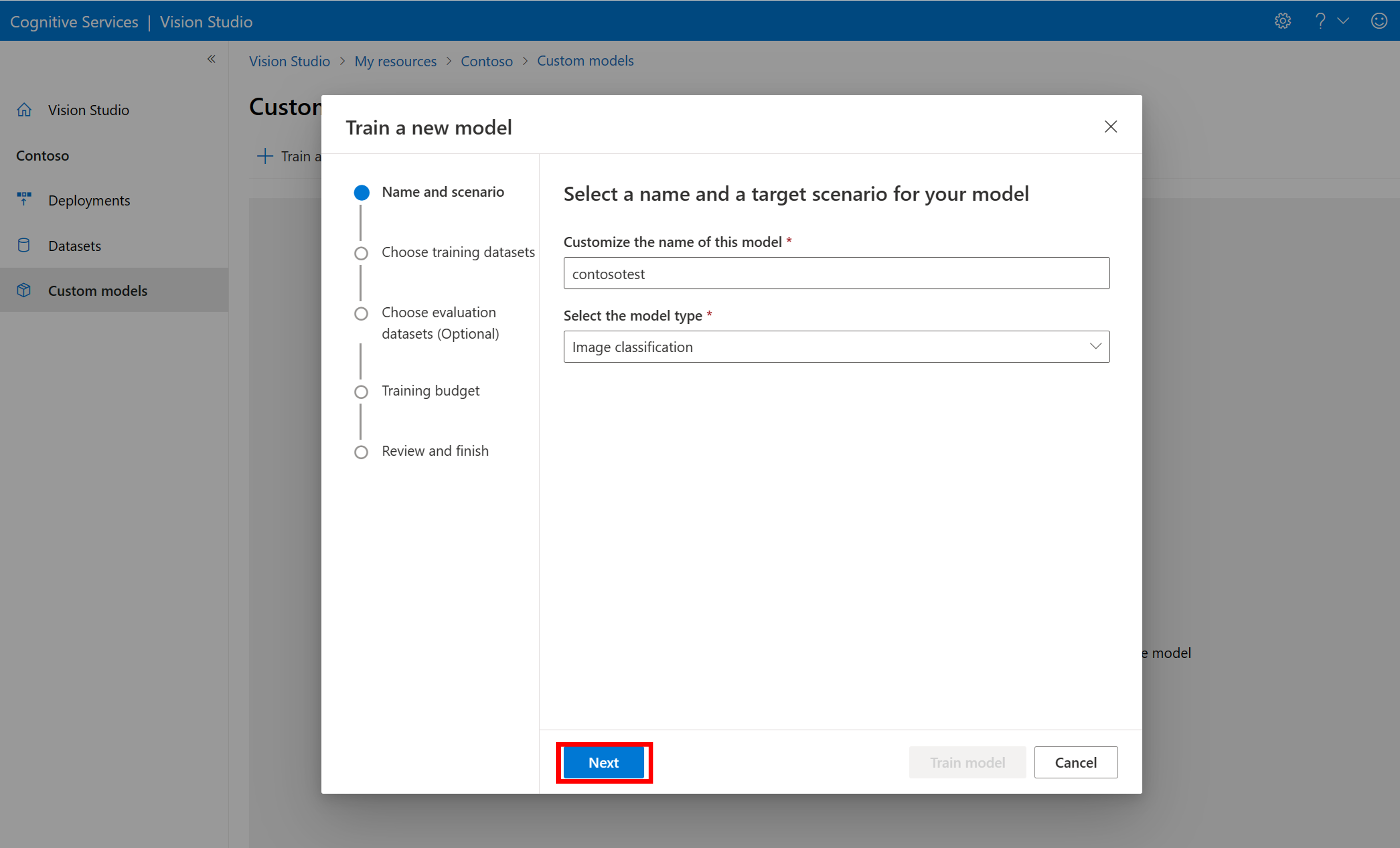 Screenshot: Dialogfeld zum Trainieren eines neuen Modells