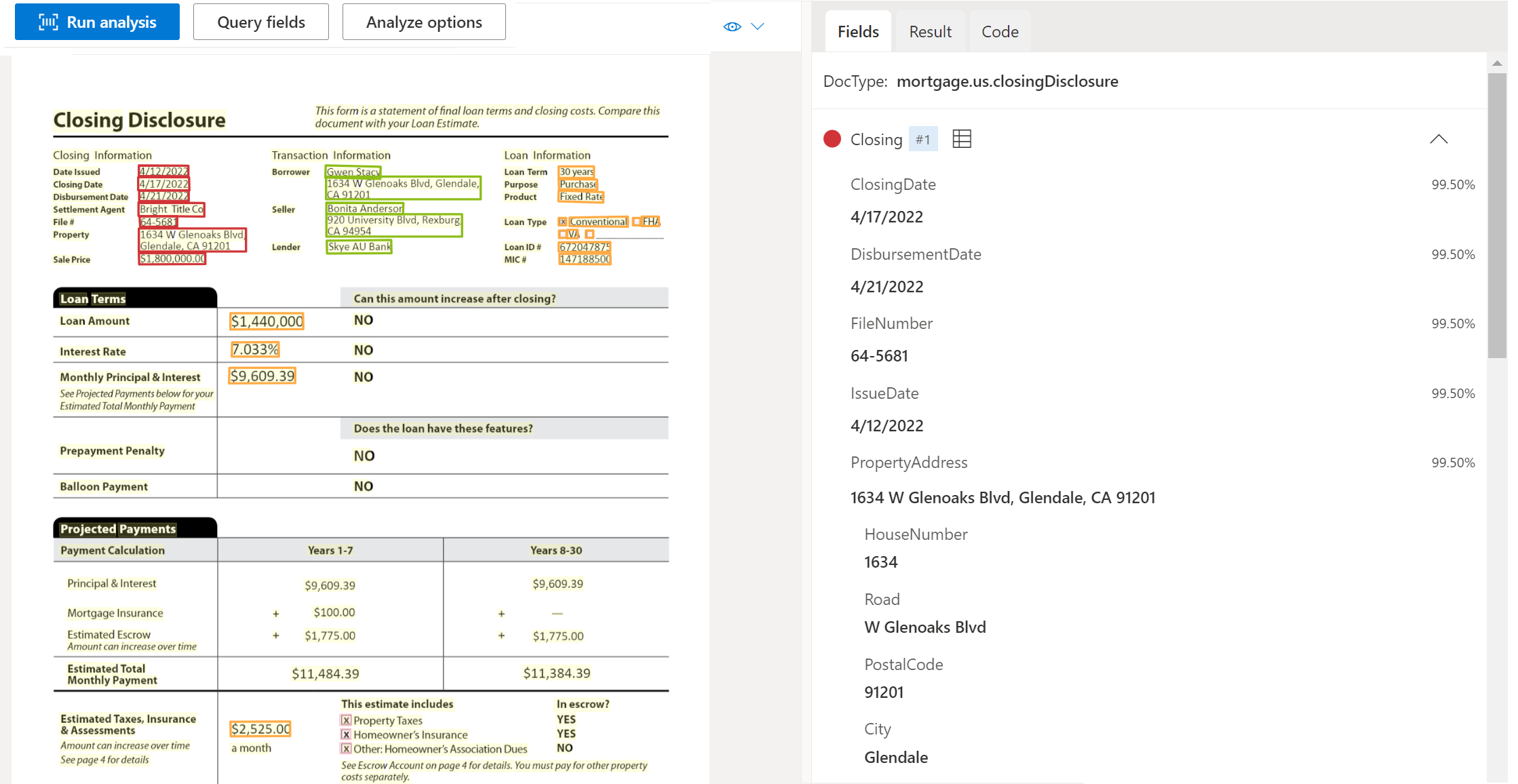 Screenshot der Dokumentmodellanalyse des US-Hypothekenabschlussdokuments mit Document Intelligence Studio.