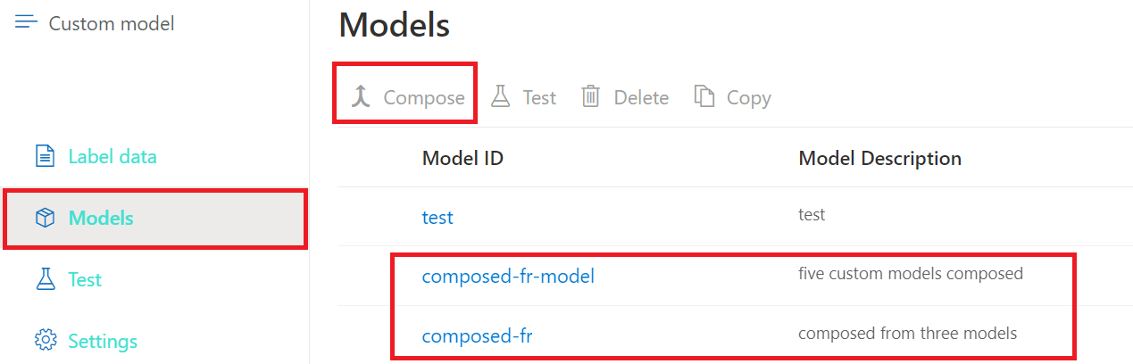 Screenshot der zusammengesetzten benutzerdefinierten Modellanalyse mit Dokument Intelligenz Studio.