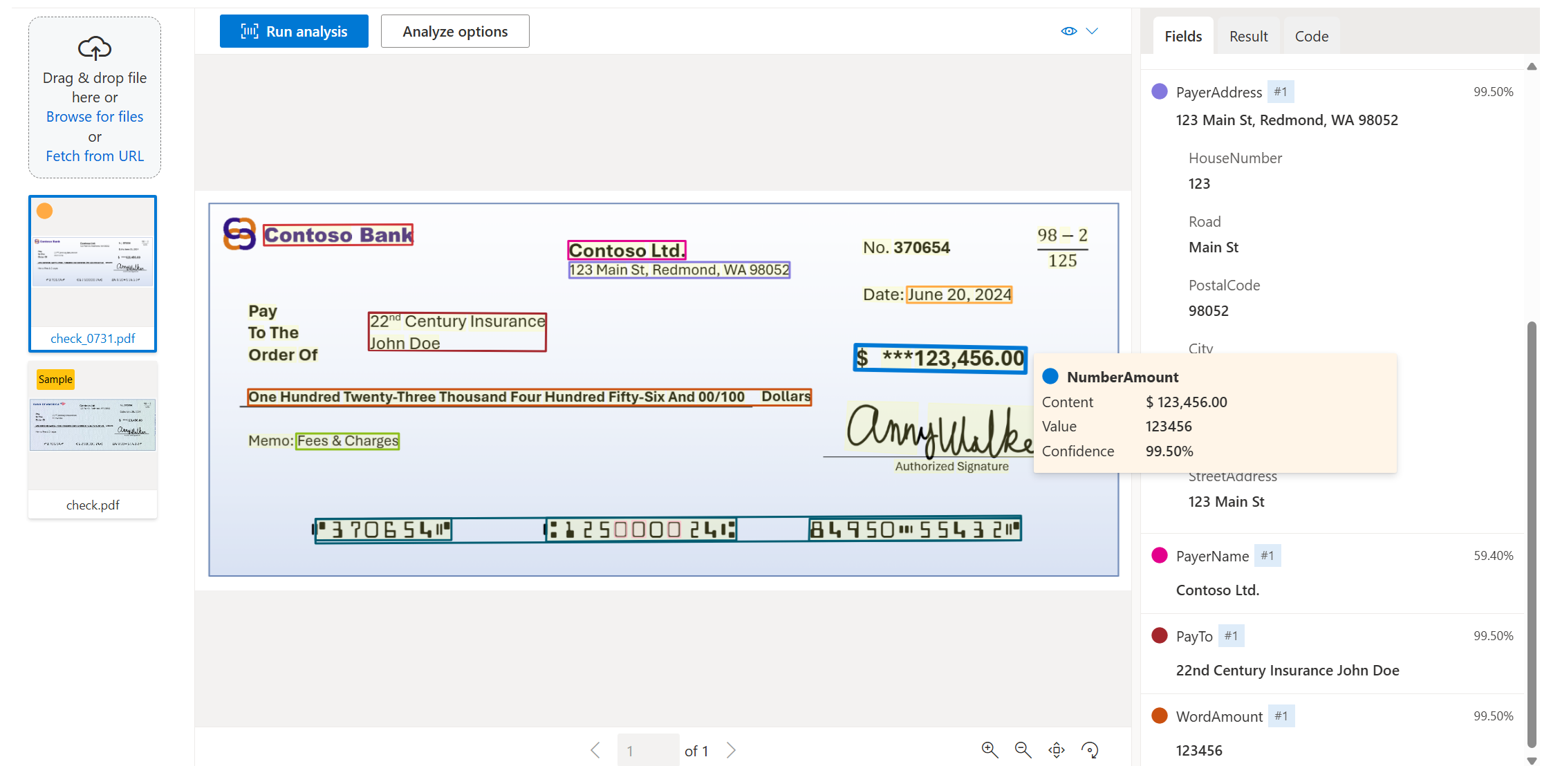 Screenshot der Scheckmodellanalyse mit Document Intelligence Studio.