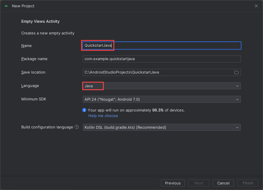 Screenshot des Fensters „Projekt konfigurieren“ in Android Studio.