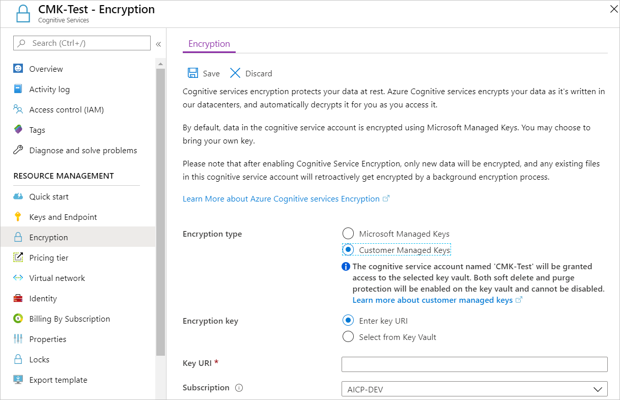 Screenshot: Seite mit Verschlüsselungseinstellungen für eine Azure KI Services-Ressource; unter „Verschlüsselungstyp“ ist die Option für kundenseitig verwaltete Schlüssel ausgewählt