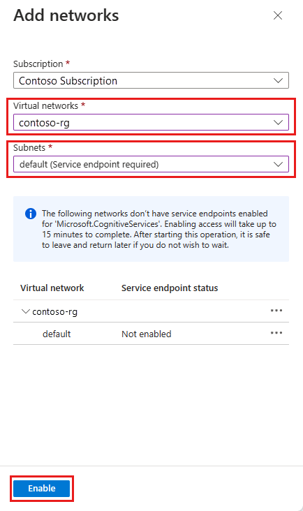 Screenshot: Dialogfeld „Netzwerke hinzufügen“, in dem Sie ein virtuelles Netzwerk und ein Subnetz eingeben können