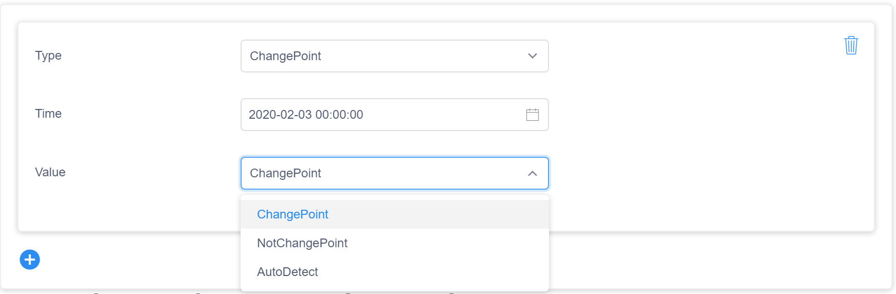 Menü für Änderungspunkte mit einer Dropdownliste mit den Optionen für „ChangePoint“, „NotChangePoint“ und „AutoDetect“