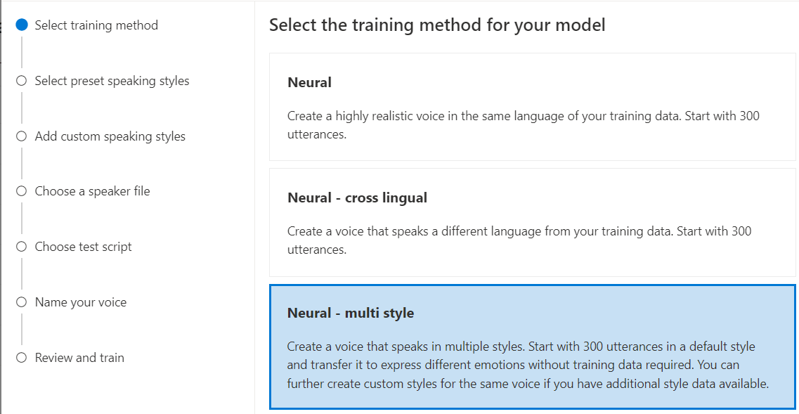 Screenshot zur Auswahl der neuronalen mehrformatigen Trainingsmethode.