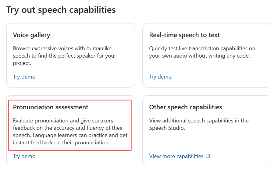 Screenshot des Navigierens zu „Aussprachebewertung“ in Azure KI Foundry.