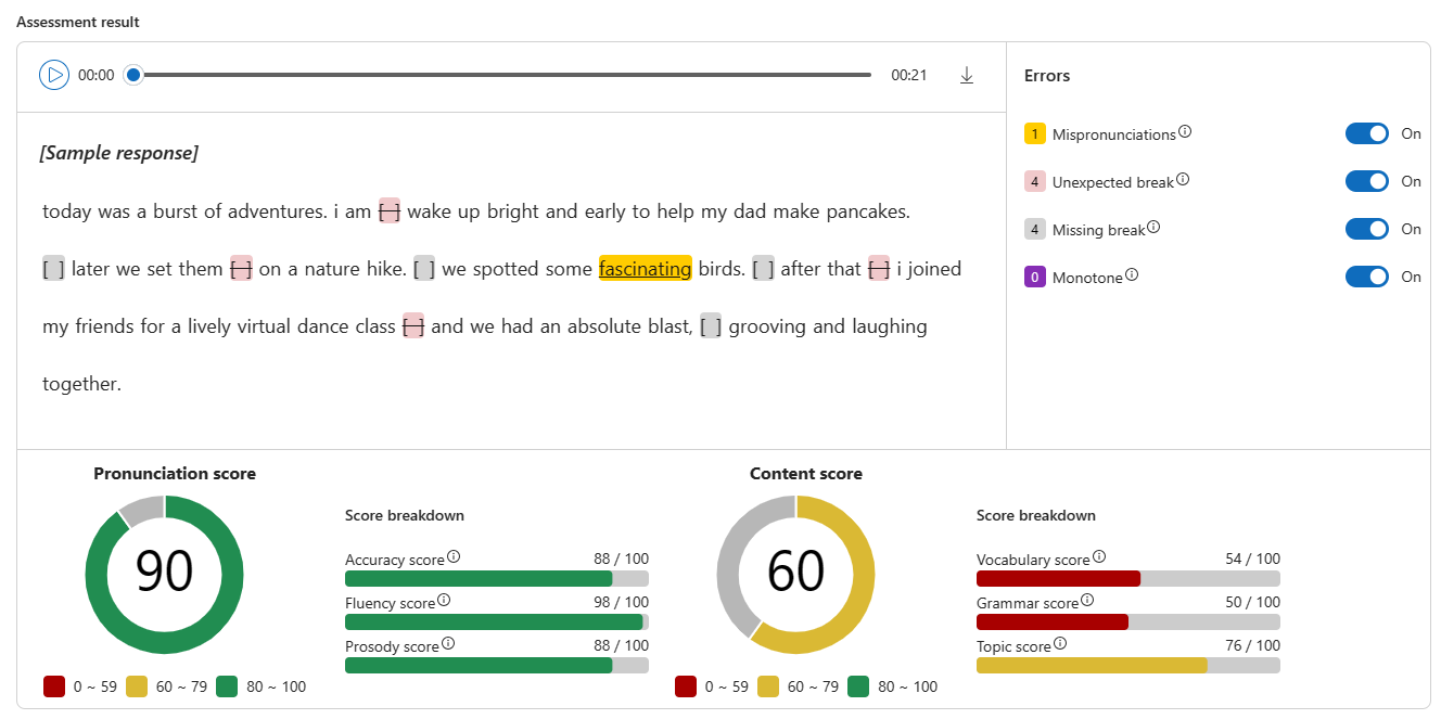 Screenshot des Gesamtscores für Aussprache und Inhalt in Azure KI Foundry.