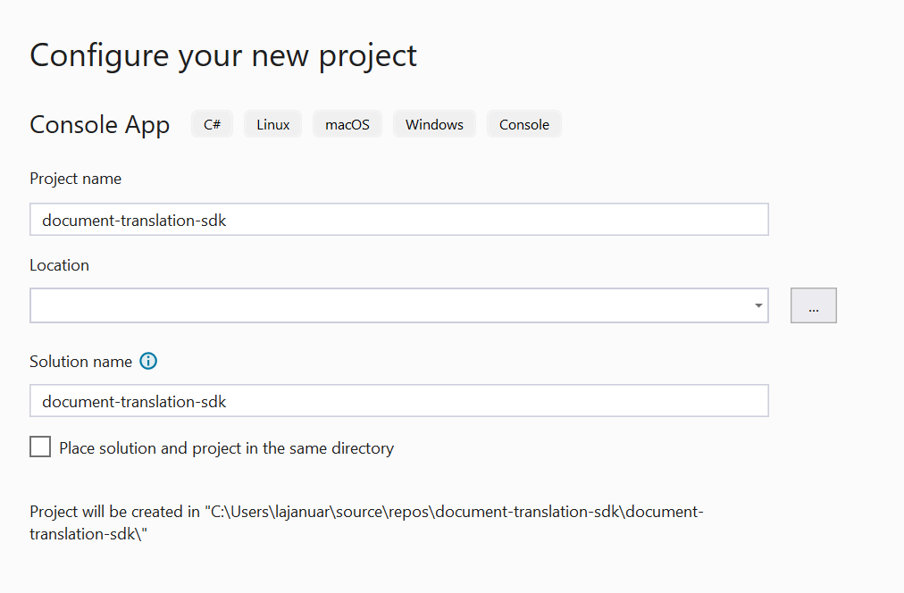 Screenshot: Konfigurationsfenster „Neues Projekt konfigurieren“ in Visual Studio 2022.