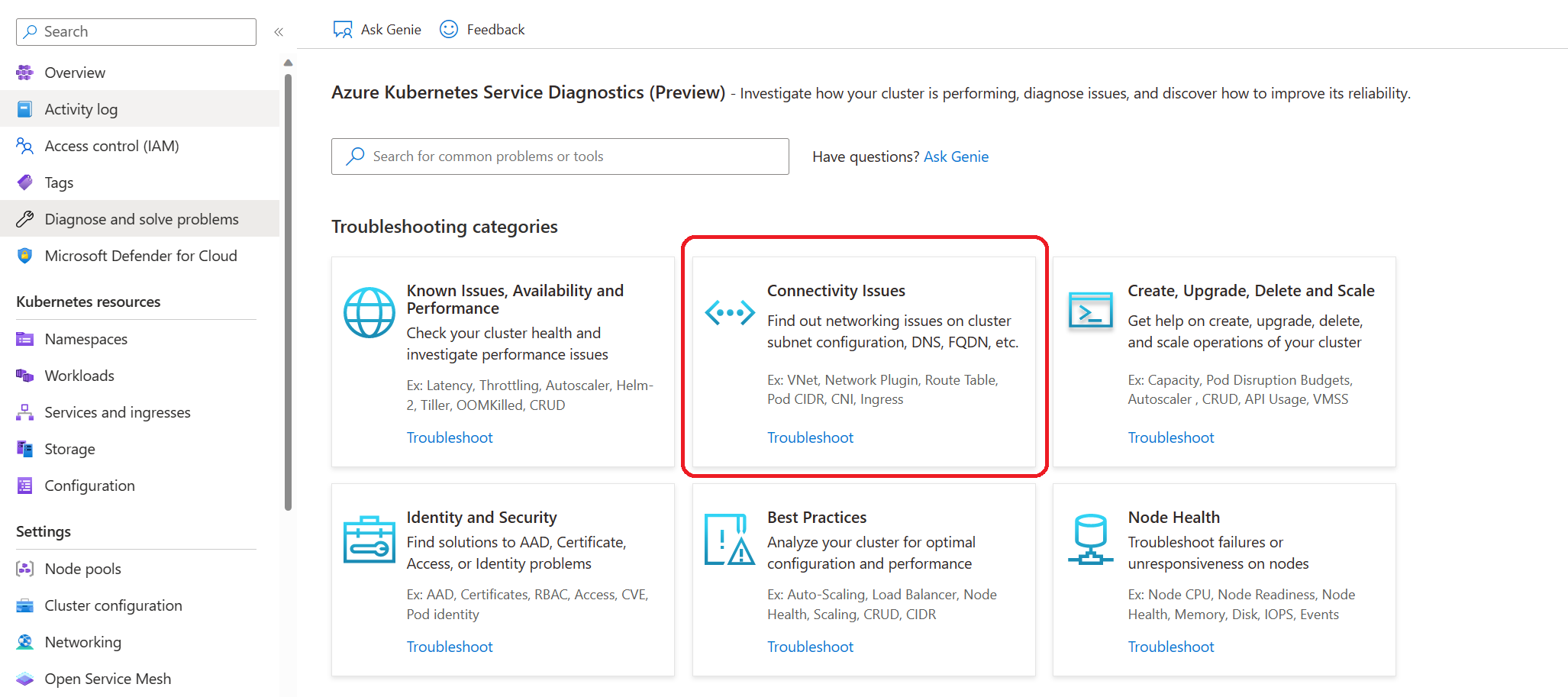 Screenshot: AKS-Diagnose und Problembehandlung: Ergebnisse – Kachel „Netzwerk“