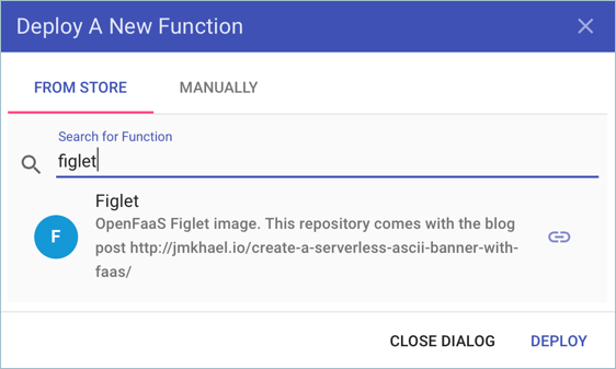 Screenshot: Dialogfeld zum Bereitstellen einer neuen Funktion mit in der Suchzeile eingegebenem Text „Figlet“