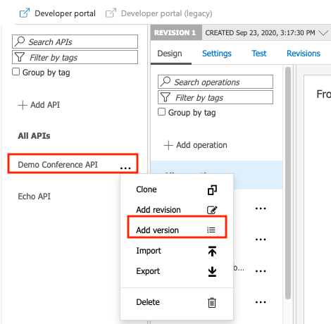 API-Kontextmenü – Version hinzufügen