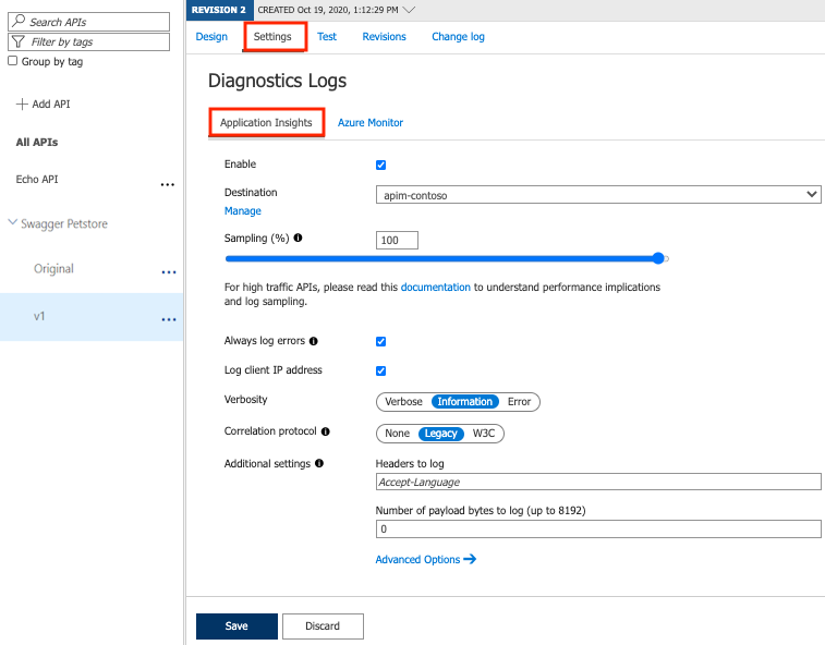 Screenshot der Konfiguration von Diagnoseprotokollen im Portal