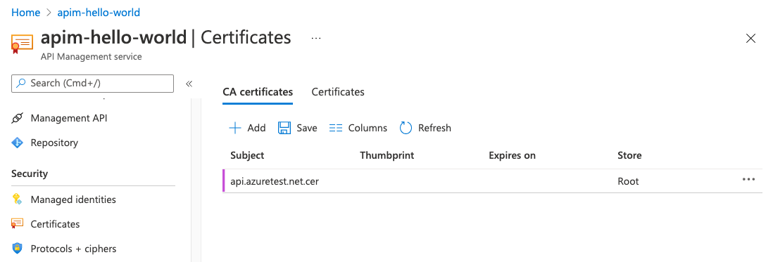 Zertifizierungsstellenzertifikate im Azure-Portal