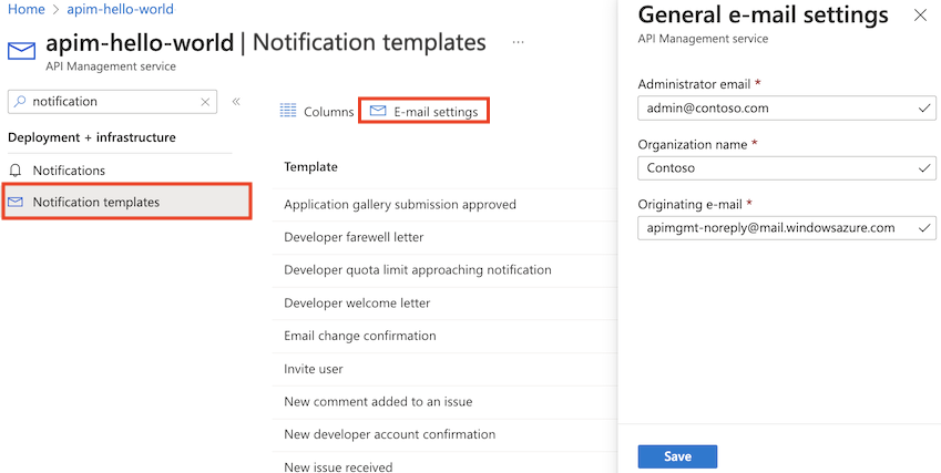 Screenshot: API Management-E-Mail-Einstellungen im Portal