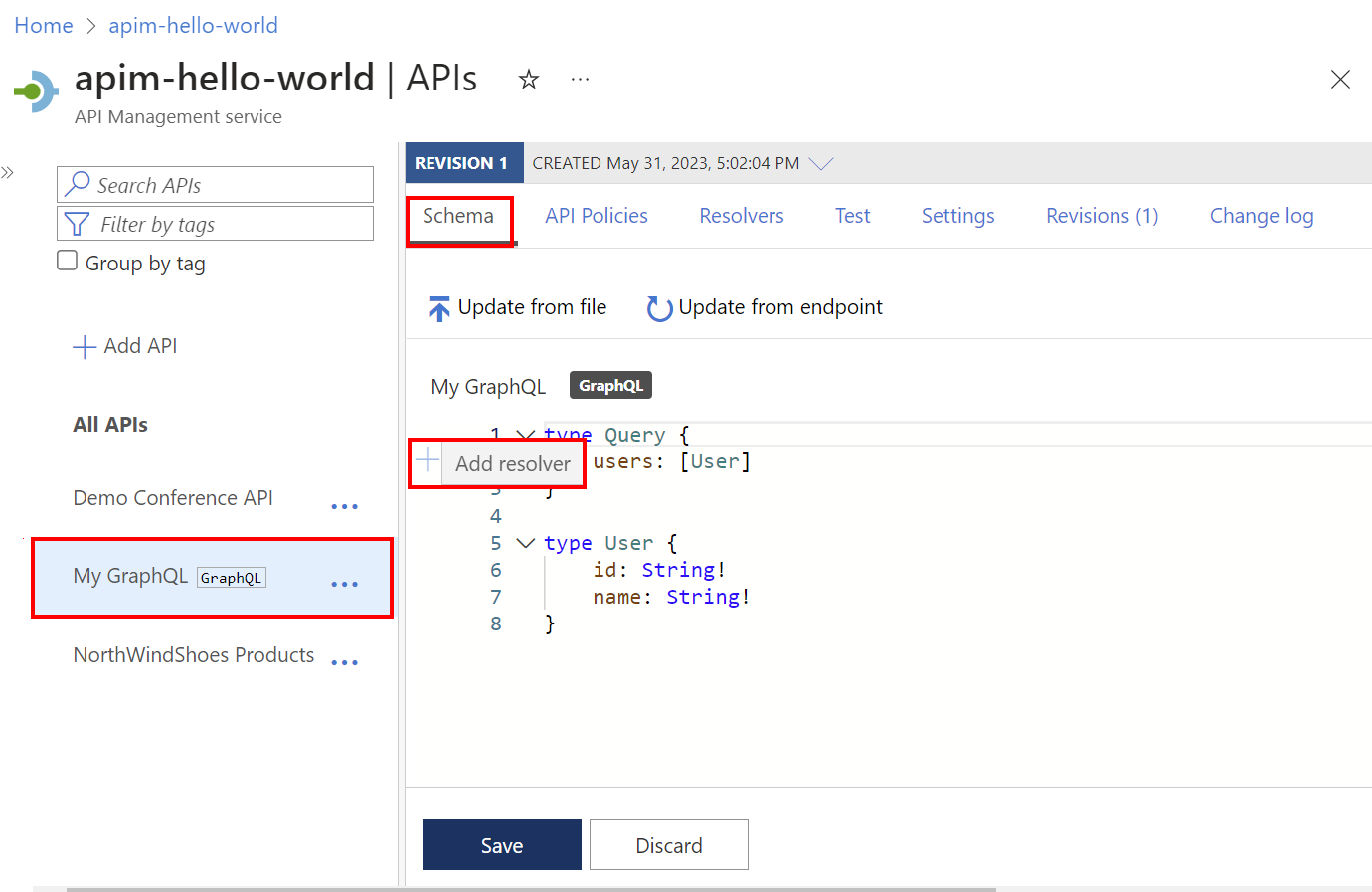 Screenshot: Hinzufügen eines GraphQL-Resolvers im Portal