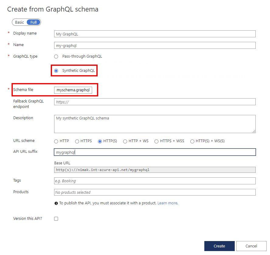 Screenshot der Felder zum Erstellen einer GraphQL-API