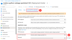 Screenshot: Position der Anmeldeinformationen für die Bereitstellung im Bereitstellungscenter in App Service