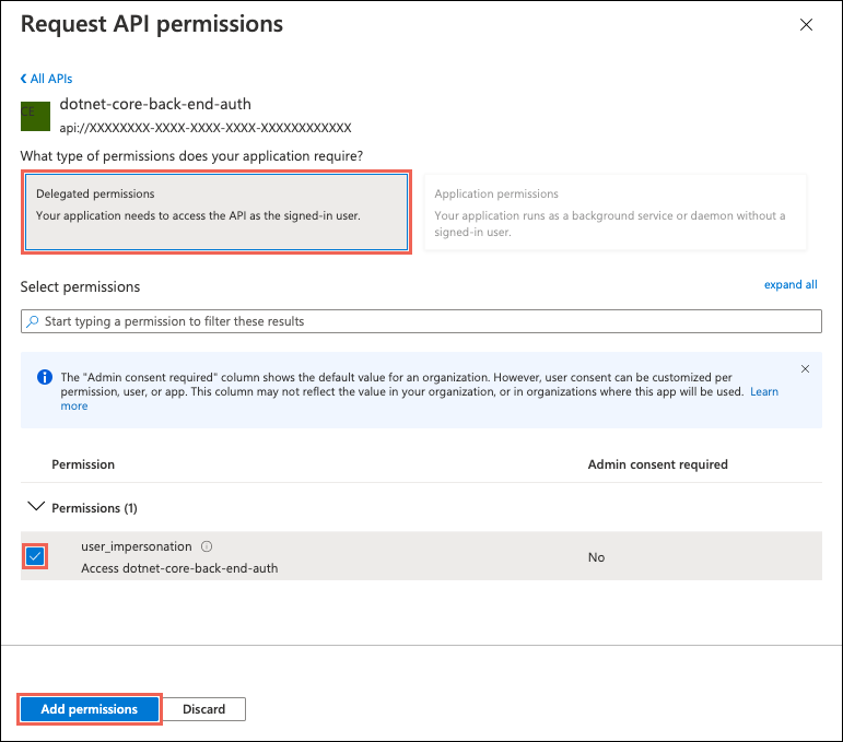 Screenshot: Seite „API-Berechtigungen anfordern“ mit den ausgewählten Optionen „Delegierte Berechtigungen“ und „user_impersonation“ und der ausgewählten Schaltfläche „Berechtigungen hinzufügen“