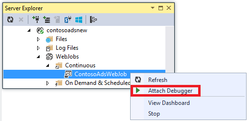 Screenshot von Server-Explorer mit ausgewähltem ContosoAdsWebJob im Dropdownmenü und ausgewählter Option „Debugger anfügen“