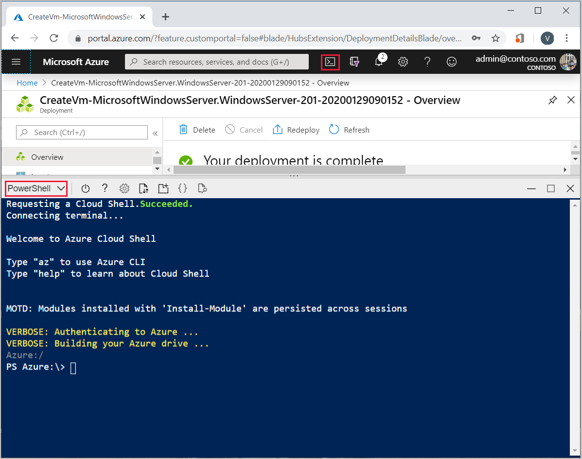 Der Screenshot zeigt ein geöffnetes Azure Cloud Shell-Konsolenfenster, das PowerShell verwendet.