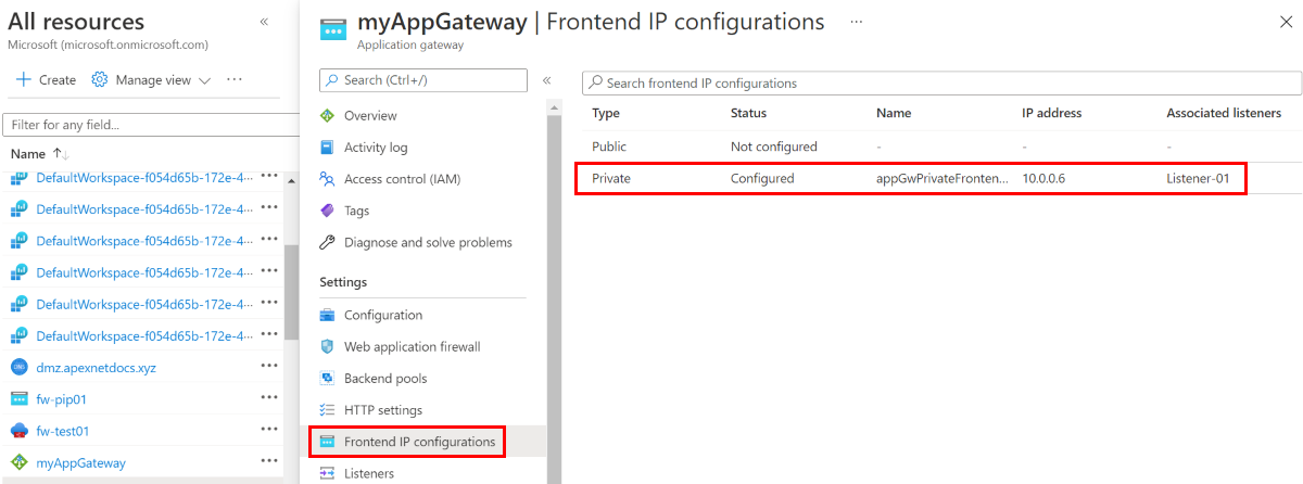 Bereich Front-End-IP-Konfigurationen mit hervorgehobenem Privattyp.